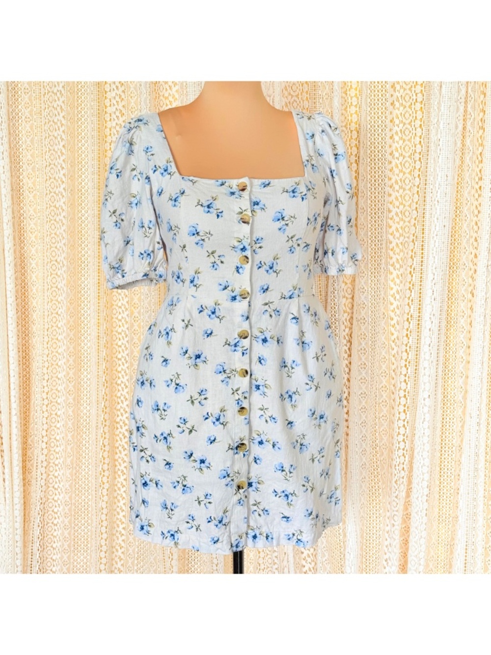 Linen Coquette Cottage Blue Floral Puff-Sleeve Mini Summer Dress Old Navy Sz M - Picture 6 of 17